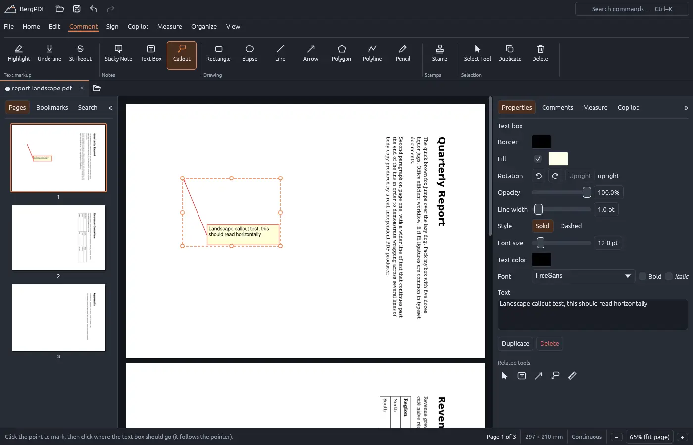 BergPDF annotating a rotated page with a callout and its properties panel