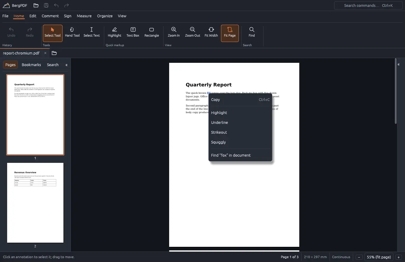 The BergPDF right-click menu offering highlight, underline, strikeout and search