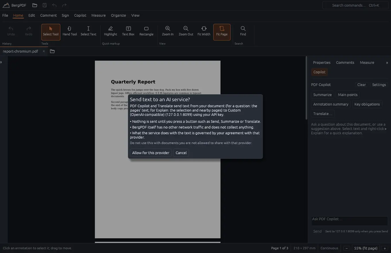 The consent dialog shown before anything is sent to an AI provider