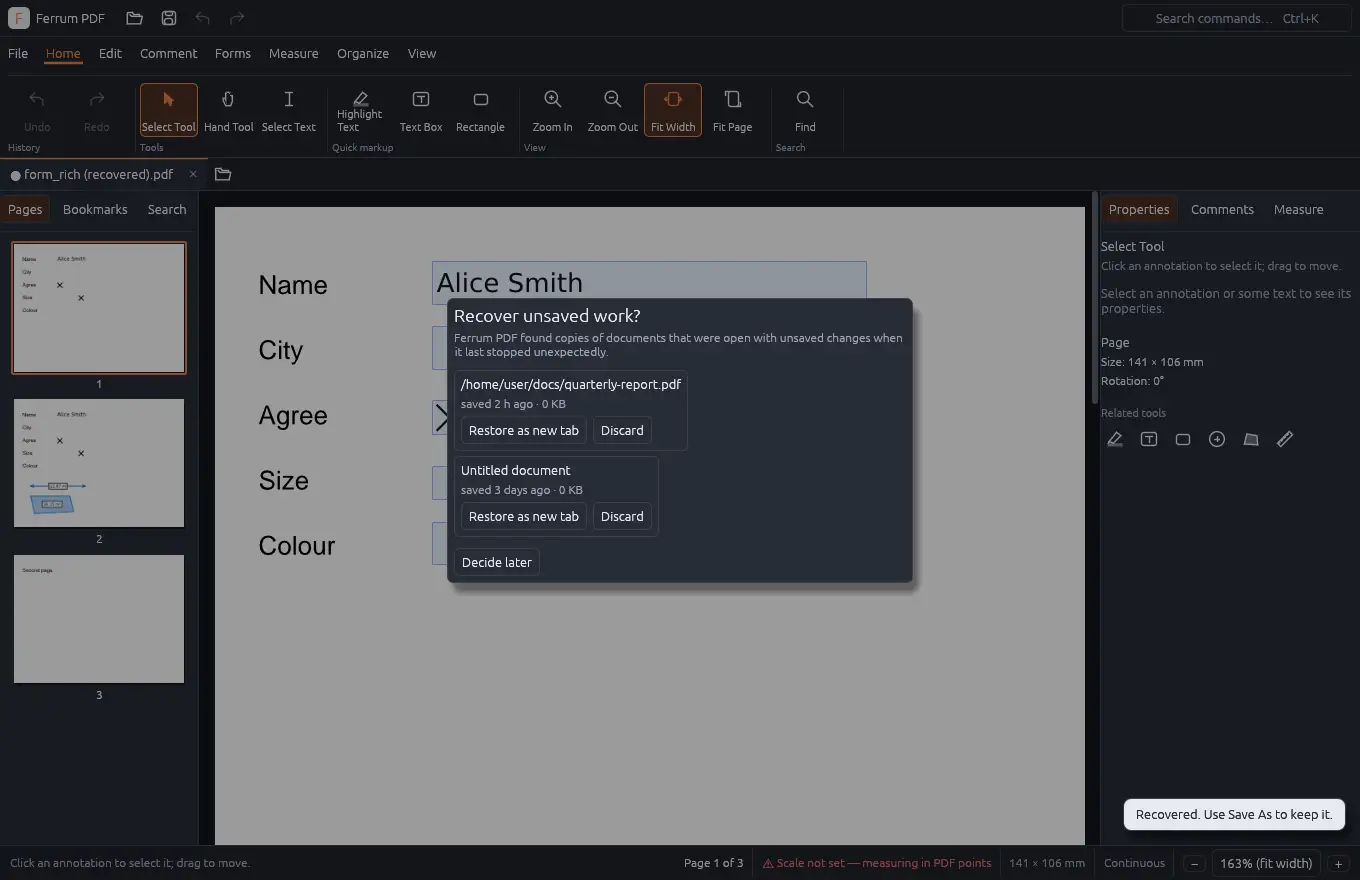 The crash recovery dialog offering to restore unsaved work