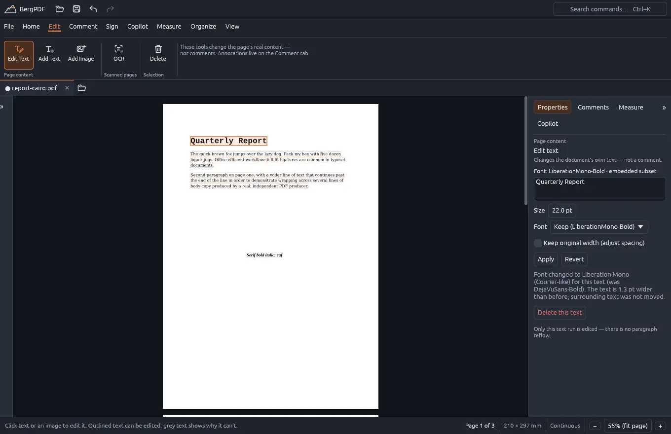 Editing existing text in a PDF with the font replaced