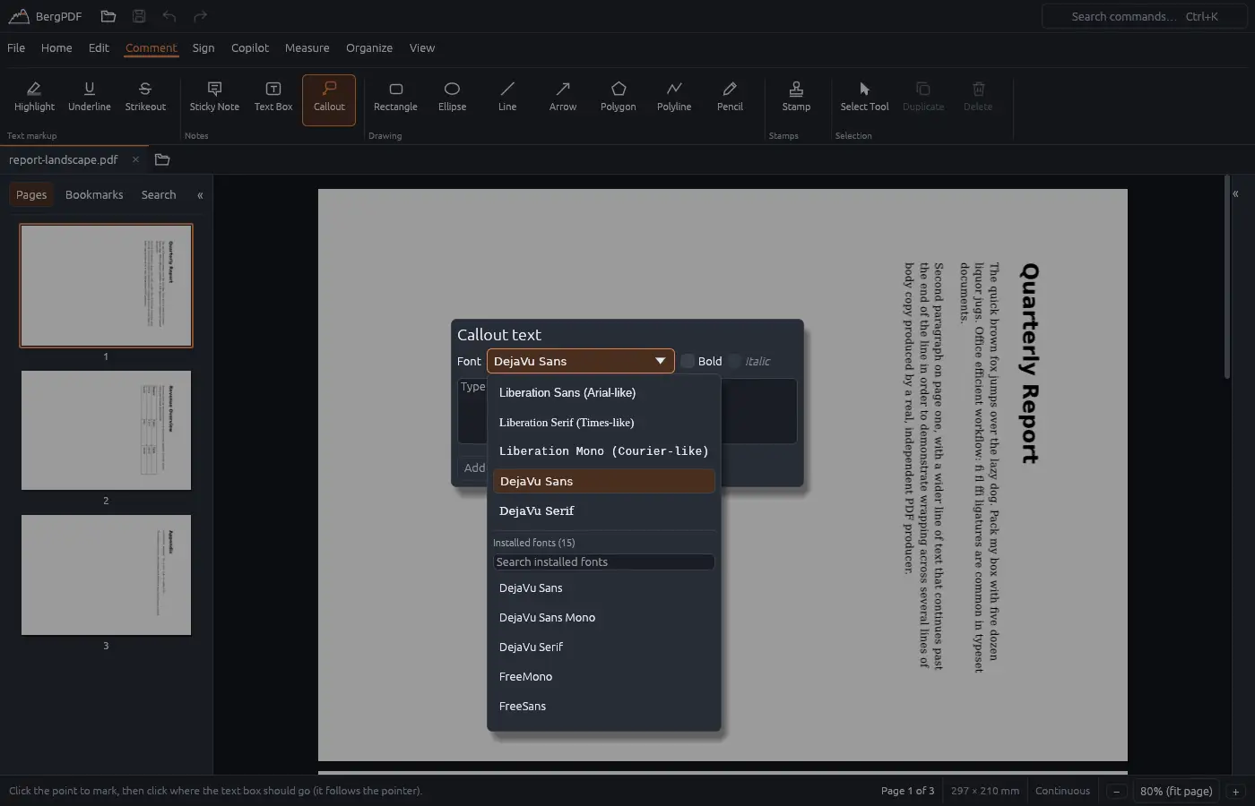 The BergPDF font picker listing fonts installed on the computer
