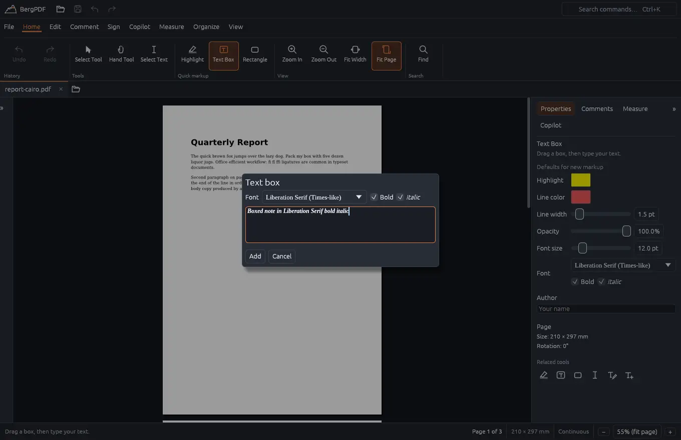 Text box dialog with a live font preview