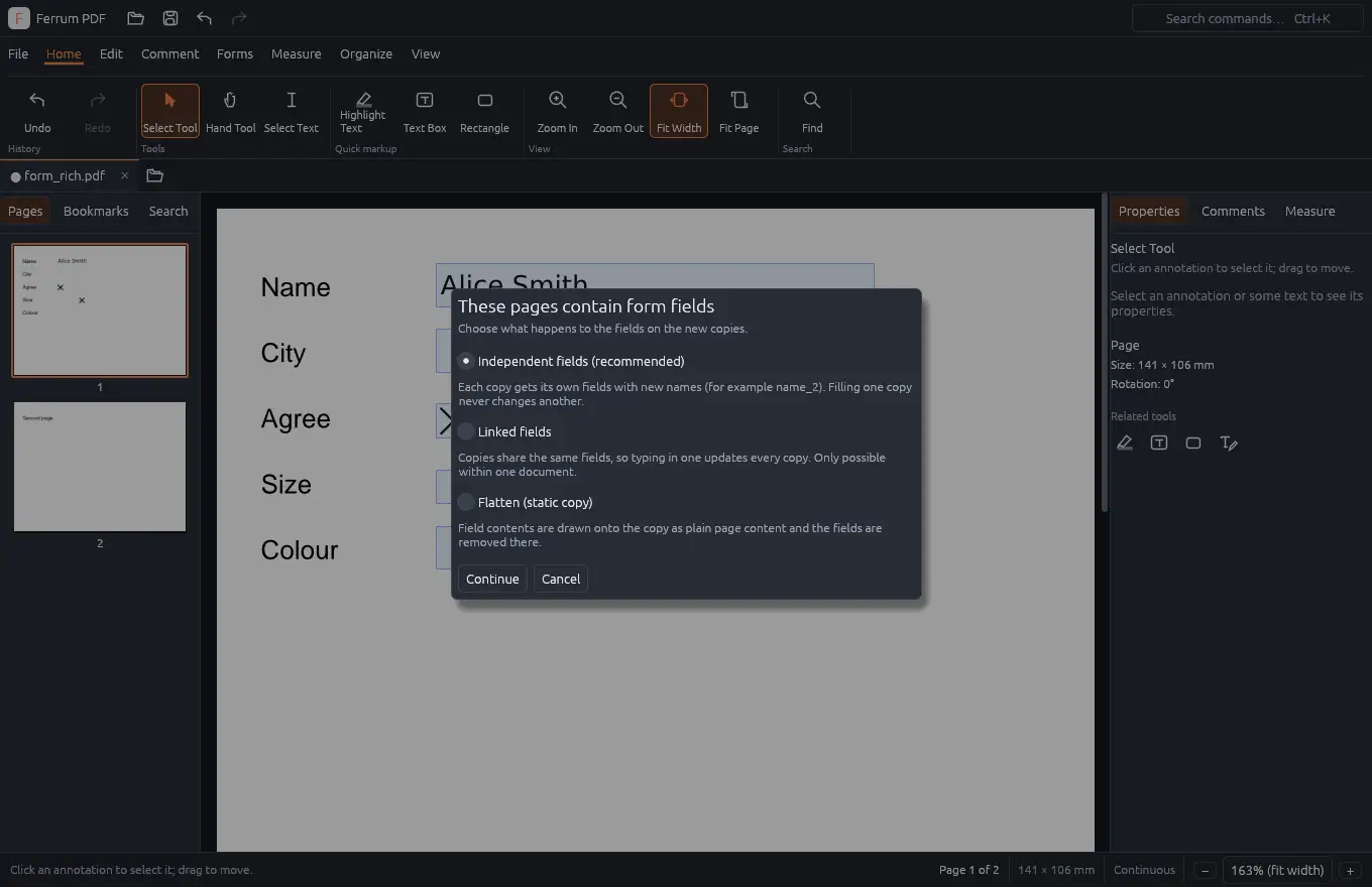 The BergPDF dialog asking how copied pages should treat form fields