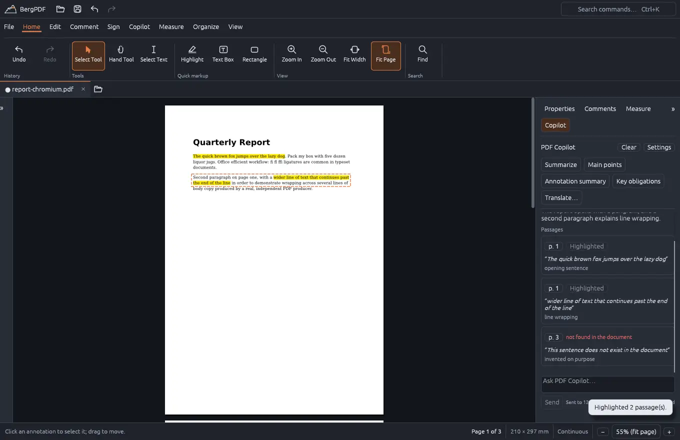 BergPDF showing a PDF with the PDF Copilot AI panel open