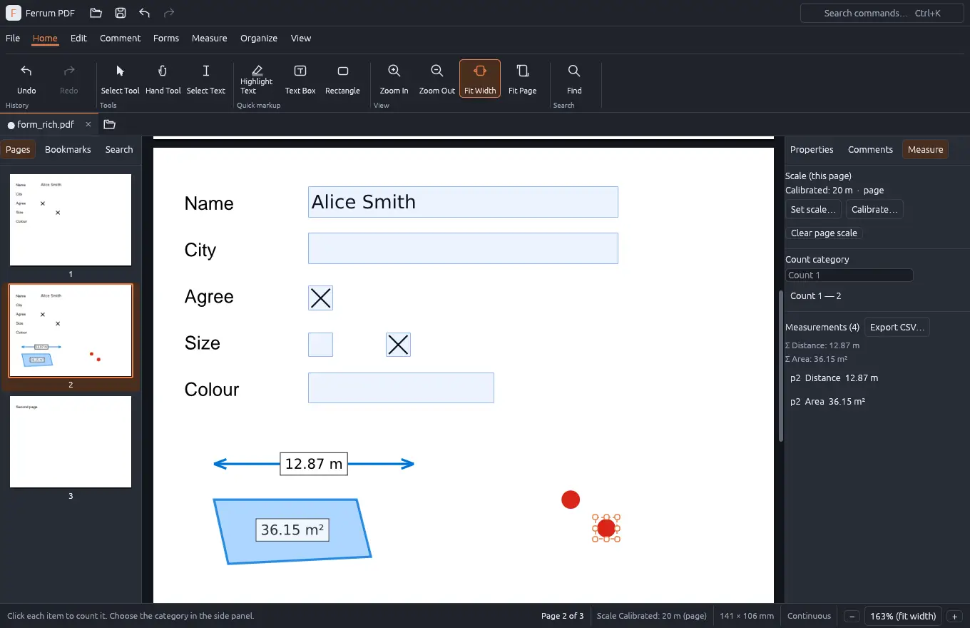 Measured distance, area and counted items with the measure panel