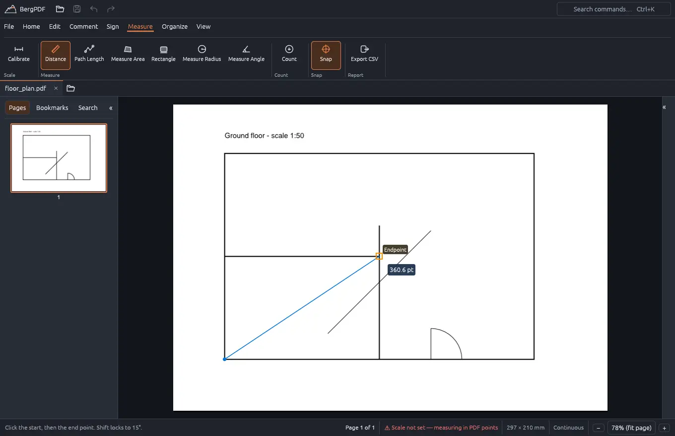 Measuring a floor plan with a snap marker at a line intersection