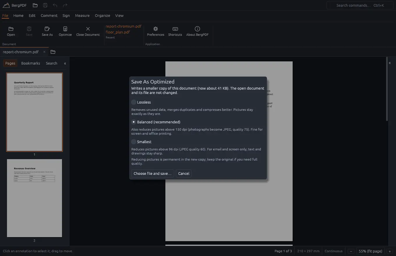 The Save As Optimised dialog with lossless, balanced and smallest options