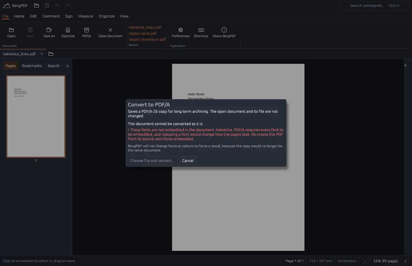 The PDF/A dialog explaining why conversion was refused