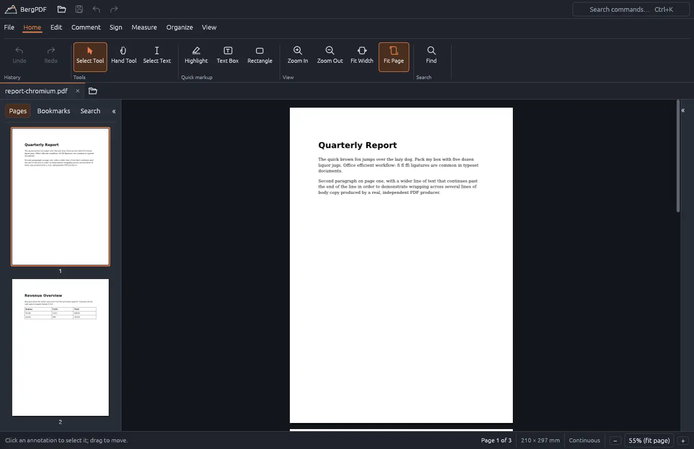 BergPDF with side panels collapsed to a slim rail