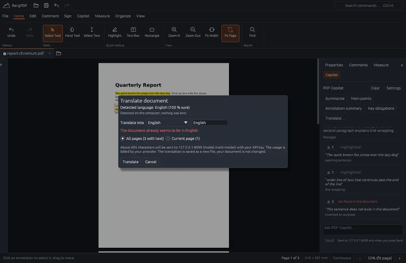 The Translate dialog with language detection